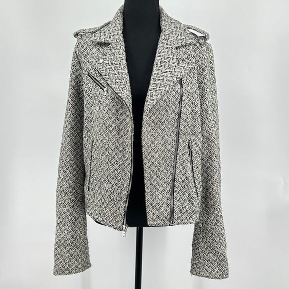 Herringbone Wool Tweed Moto Jacket Warm Textured Black White Women’s M Tall - Picture 3 of 9